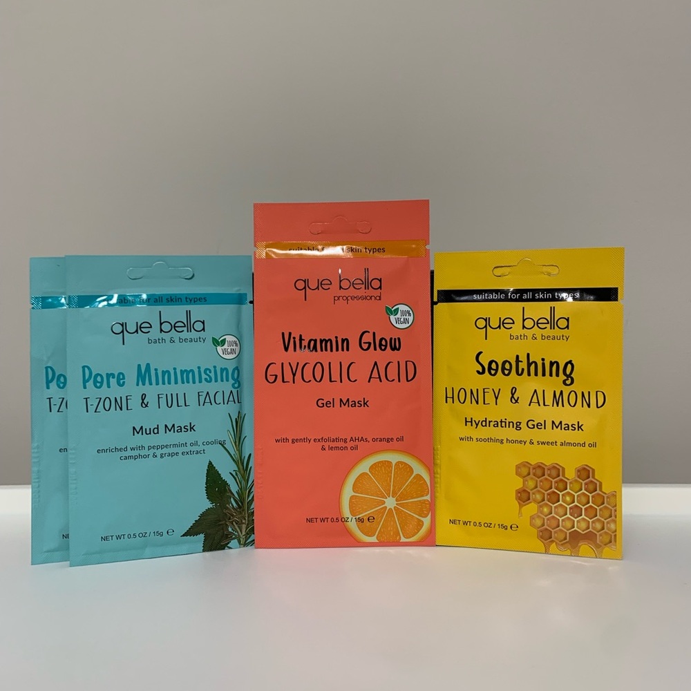 Que Bella Mask Set - 2 x Pore Minimising, 1 x Vitamin Glow, 1 x Soothing New